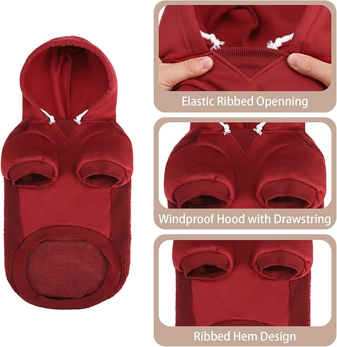 PUPTECK Dog Hoodie Puppy Sweatshirt Warm Dog Sweater Winter Clothes Cold Weather Coats for Small Medium Large Dogs, Dark Red, M