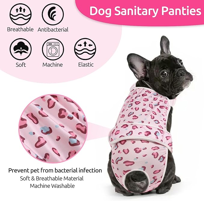 2 Pcs Dog Diaper Suspenders Female, Washable Dog Panties for Dogs in Heat with Cute Leopard Print, Escape Proof Dog Underwear Diapers, Reusable Pet Sanitary Pantie for Small Medium Girl Dogs,2XS