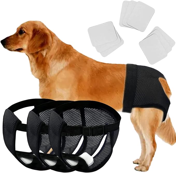 Every Pet Reusable Diapers with 3 Replace Diaper,Breathable Mesh Washable Dogs Sanitary Pads,Menstruation Diapers Panties Adjustable Sanitary Briefs For Small Medium and Large Dogs(3PCS Black,X-Large)