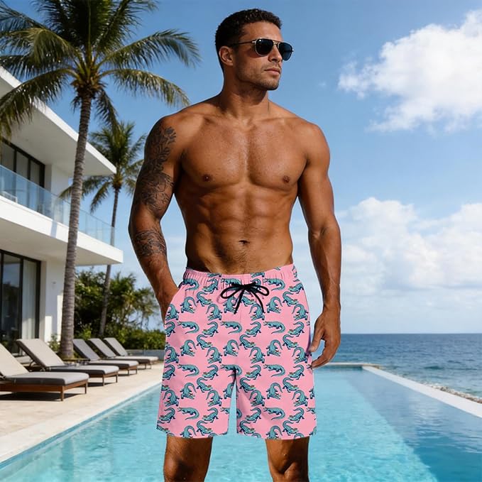 Mens Swim Trunks with Compression Liner Quick Dry Zipper Pocket Bathing
