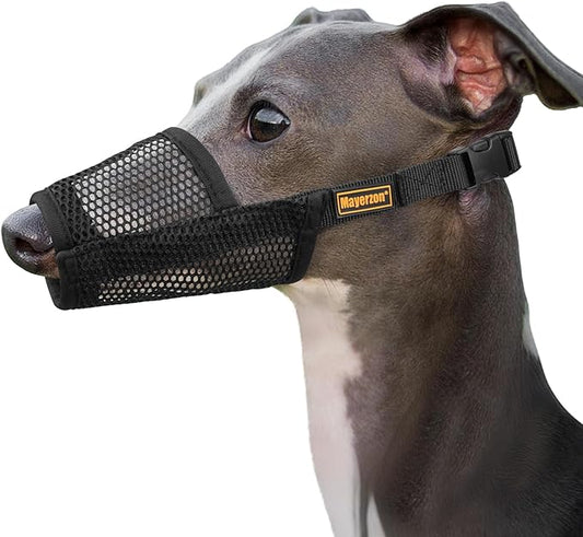 Mayerzon Greyhound Whippet Dog Muzzle, Soft Mesh Muzzle for Long Nose Dogs to Prevent Excessive Biting Chewing Eating, Suitable for Grooming Walking Vet Visits, Allowing Drinking Breathing (Black, S)