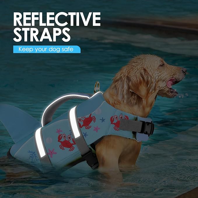 AOFITEE Dog Life Jacket, Dog Life Vest for Swimming, Shark Dogs Swimming Vest with Rescue Handle and Reflective Stripe, Ripstop Pet Float Coat Swimsuit Lifesaver Small Medium Large Dogs Blue Crab XS