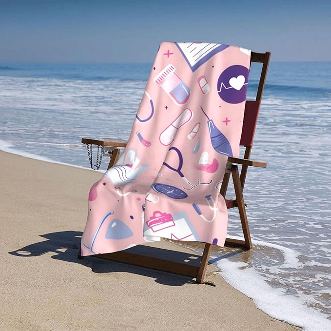 Nurse Pattern Beach Towel Pink Sand-Free Microfiber Bath Towel Ultra Soft Quick Dry Pool Towel Absorbent Towel Lightweight Towel Gifts for Outdoor Bathroom Swimming Decor 31inx51in