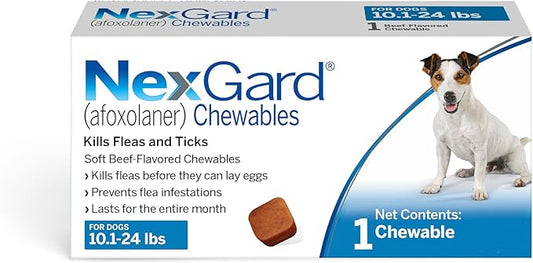 NexGard® (afoxolaner) Flea and Tick Protection for Dogs Oral Soft Beef Flavored Chewables,10.1 to 24 lbs. (Blue Box) 1 Chew (1 Month Supply)
