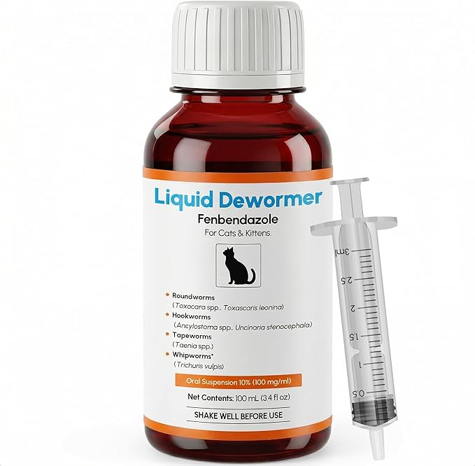 Dewormer for Cats & Kittens Fenbendazole Liquid - Broad Spectrum Suspension - Easy to Mix with Food - Removes Roundworm, Hookworm, Tapeworm - Includes 3ml Dosing Syringe (100ml)