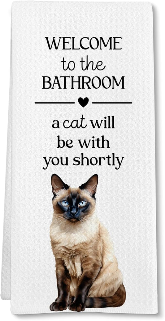 Funny Siamese Cat Hand Towels, Siamese Cats Gifts for Cats Lovers Women Hand Towel, A Cat Will Be with You Shortly Decorative Towel for Bathroom Toilet, Cute Kitty Bathroom Decor, 16x24in
