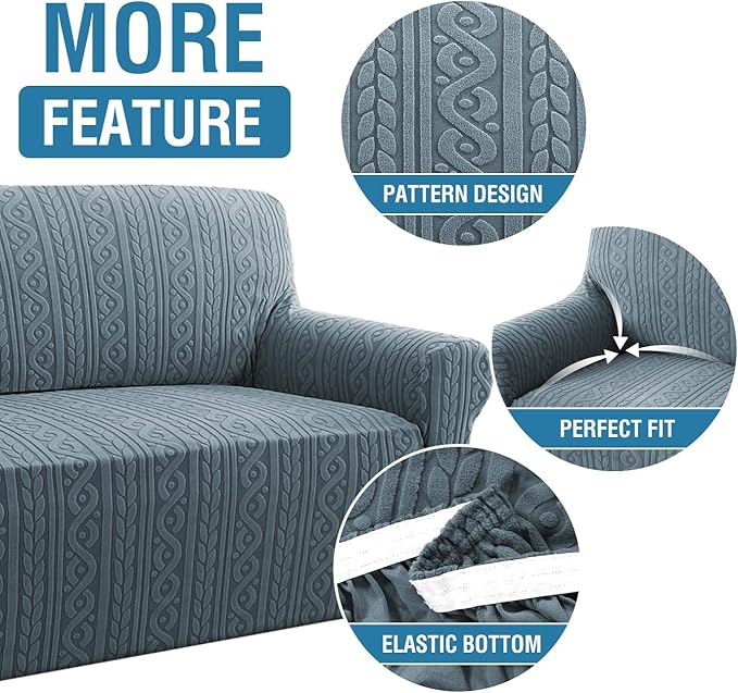 H.VERSAILTEX Stretch Sofa Slipcovers Soft Sofa Covers Washable 1 Piece Sofa Covers with Elastic Bottom for Kids,Dog Upgrade Thick Jacquard Fabric with Spiral Pattern(75"-85", Stone Blue)