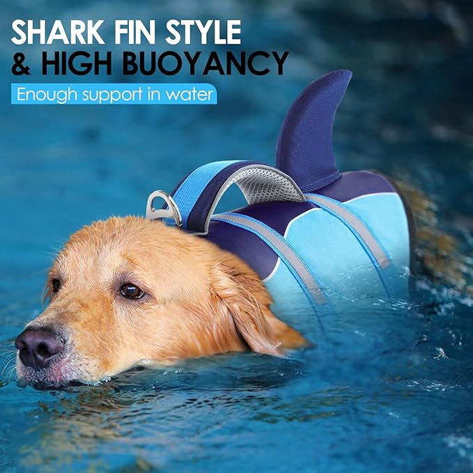 AOFITEE Dog Life Jacket, Dog Life Vest for Swimming, Shark Dogs Swimming Vest with Rescue Handle and Reflective Stripe, Ripstop Pet Float Coat Swimsuit Lifesaver Small Medium Large Dogs Blue XL
