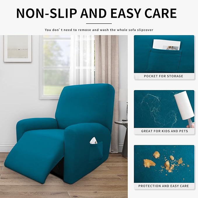 Easy-Going 100% Dual Waterproof Recliner Cover Stretch Soft Couch Cover for Dogs, Sofa Slipcover for Recliner Couch Leakproof Furniture Protector for Kids, Pets Peacock Blue