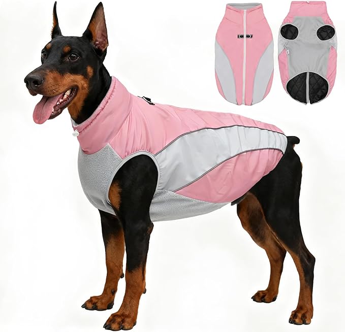 Dog Coats for Large Dogs with Harness Built in, Waterproof Dog Jacket Warm Pet Winter Coat Snowsuit for Cold Weather, Reflective Fleece Windproof Jacket, Pink, U-LDMF02XL