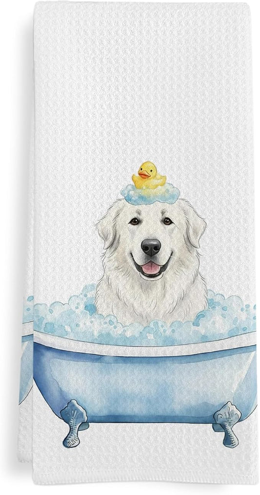 Funny Great Pyrenees Gifts Bathroom Hand Towel, Great Pyrenees Duck Gifts Hand Towel for Bathroom Kitchen Washroom Decor, Funny Dog in Bathtub Dish Tea Towels, 16x24 Inch