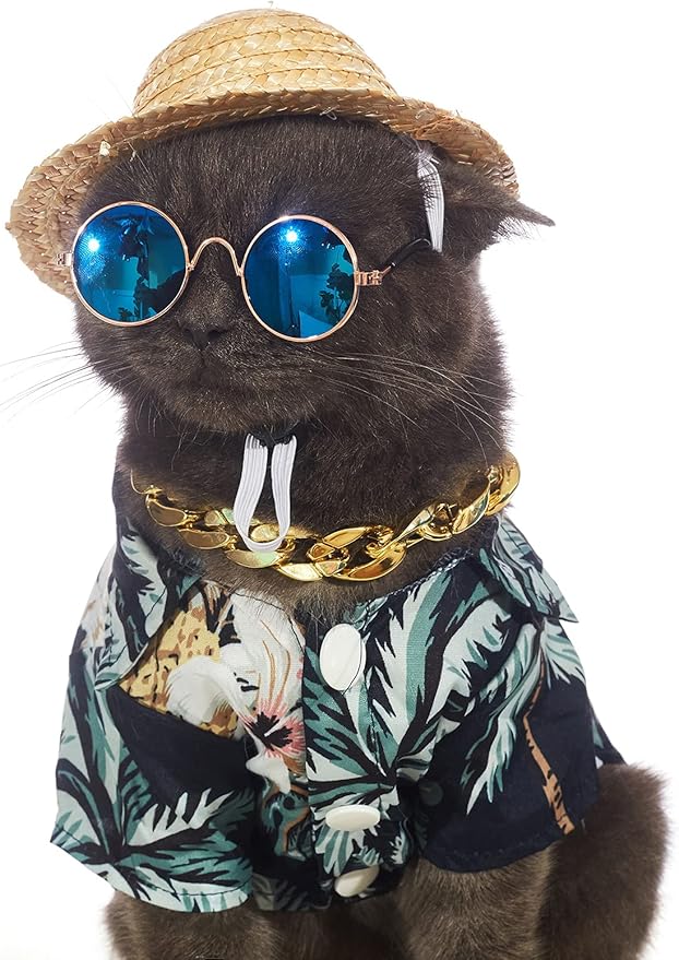 Hawaiian Dog T Shirts Pet Summer Clothes Cat Sunglasses Funny Straw Hat Kitten Costumes with Gold Chain Collar (Large,Black)