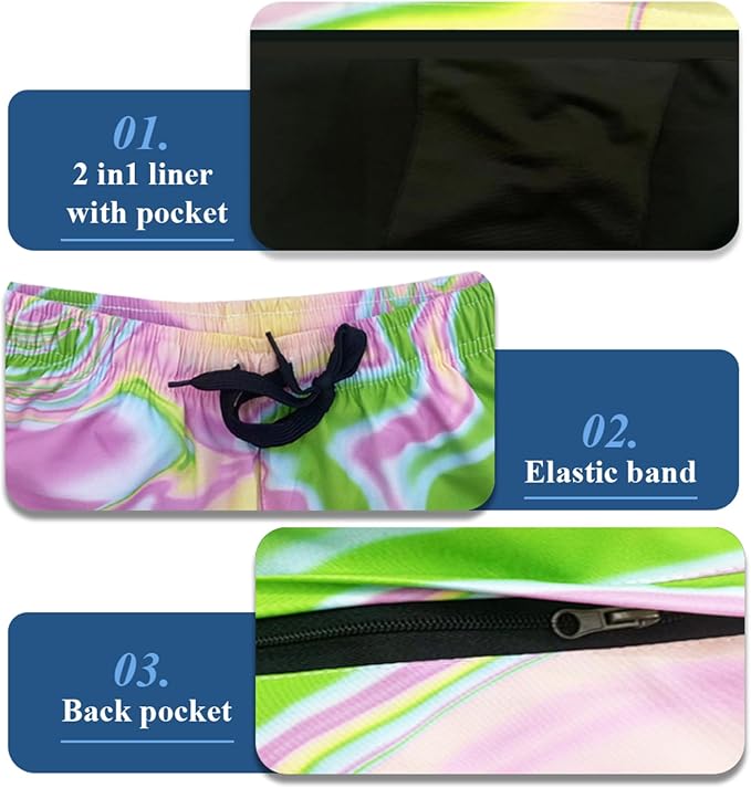 Mens Swim Trunks with Compression Liner Quick Dry Zipper Pocket Bathing