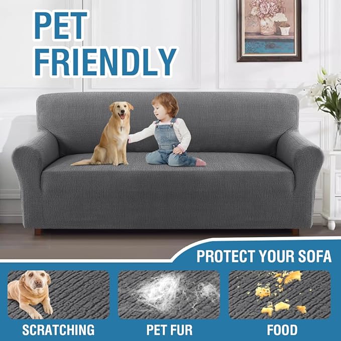 H.VERSAILTEX Jacquard Couch Covers for 3 Cushion Couch 1 Piece Stretch Sofa Covers Furniture Protector Anti-Slip Soft Thickened Dogs Slipcovers Washable Crizzle Pattern(Sofa, Grey)