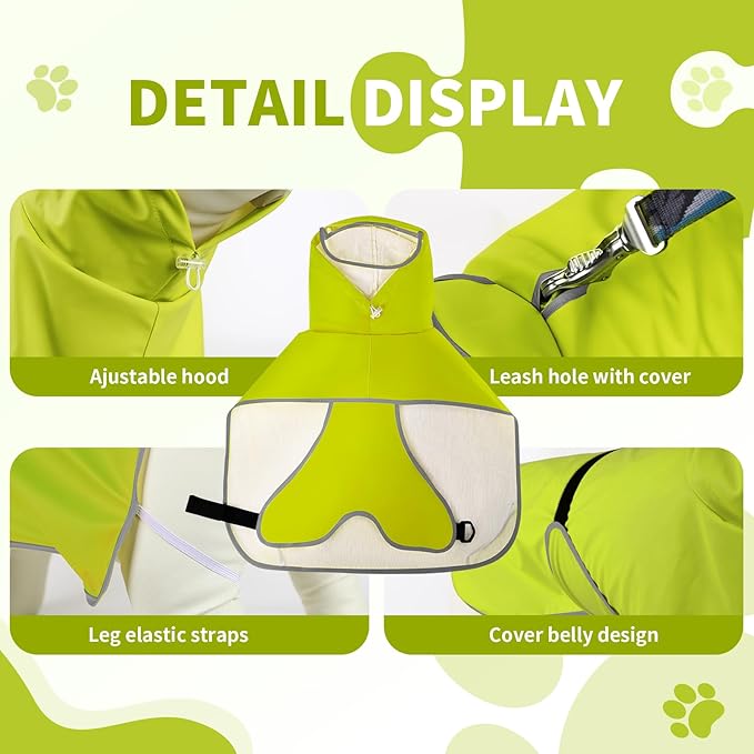 Dog Raincoat, Waterproof Windproof Dog Rain Jacket with Hood, Rain Coat with Leash Hole, Adjustable Raincoat Poncho for Small Medium Large Dogs Outdoor (Neon Yellow, L-)