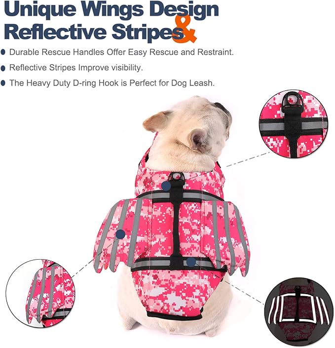 Dog Life Jacket, Wings Pet Life Vest for Swimming Boating Reflective Dog Flotation Swim Vest with Handle and Chin Float for Small Medium Large Size Dogs - Pink Camo, M