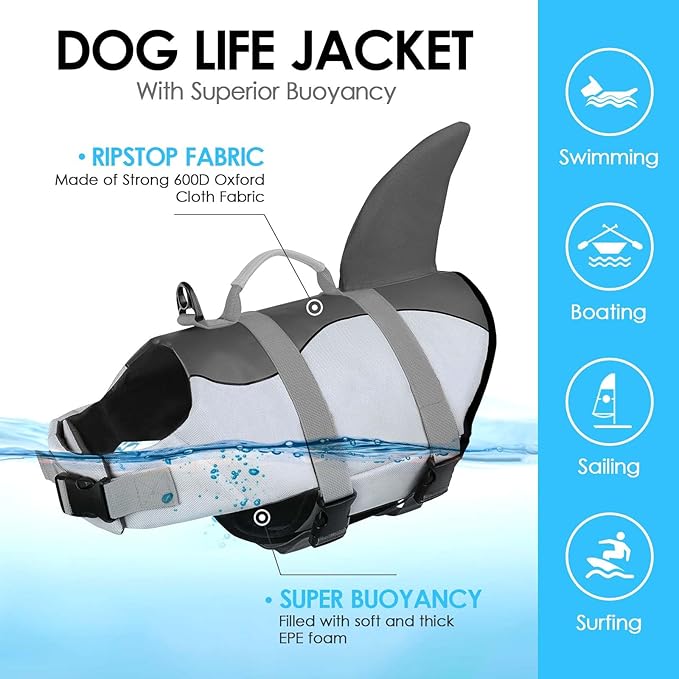 AOFITEE Dog Life Jacket Large, Shark Dog Life Vest for Swimming Boating, High Flotation Reflective Dogs Swimming Vest Lifesaver with Rescue Handle, Pet Swimsuit for Small Medium Large Dogs, L