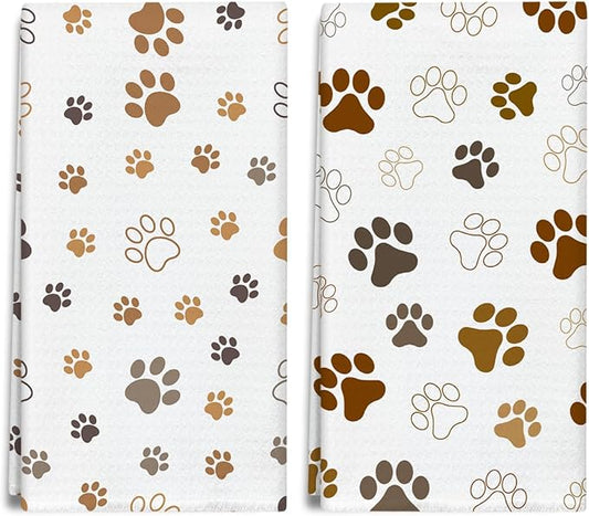 Brown and White Dog Paw Print Kitchen Towels and Dishcloths Set of 2, Cute Decorative Hand Towel Drying Cloth for Bathroom, Gifts for Dog Lovers, Hostess, Women, 16x24 Inches -20