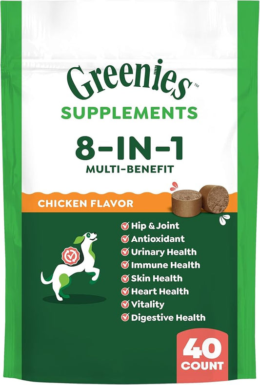 Greenies Dog Supplements 8-in-1 Multi-Benefit Dog Vitamins and Supplements Chicken Flavor, 7.76 oz. Pouch, 40 Count