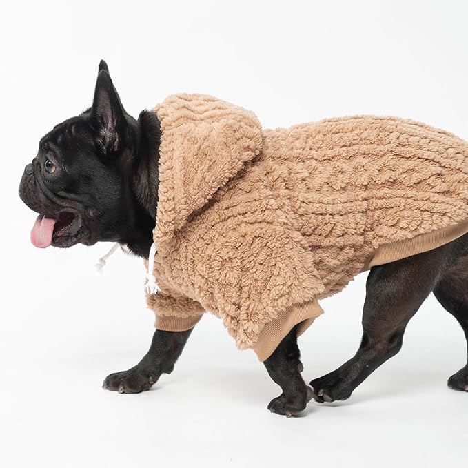 KOOLTAIL Fuzzy Dog Sweater Hoodie for Small Medium Large Dogs, Soft Fleece Pet Clothes Sweatshirt with Leash Hole, Warm Winter Dog Sherpa Jacket Snuggie Cold Weather Coat for Puppy Cats Girl, Beige SM