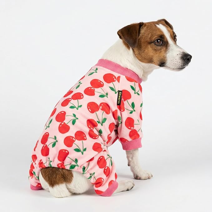 Fitwarm Cute Cherry Dog Pajamas, Warm Dog Onesie with Feet, Dog Clothes for Small Dogs Girl, Fleece Pet Outfit, Pink, Red, XS