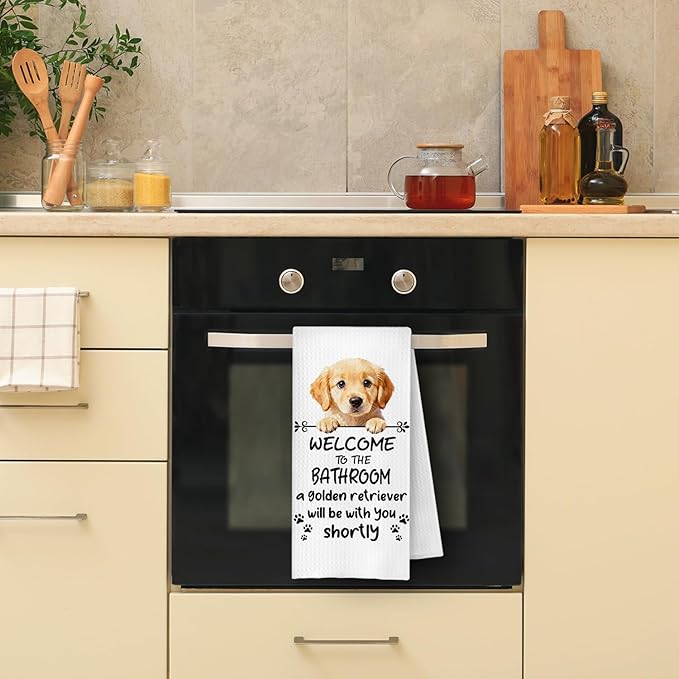 Funny Golden Retriever Dog Bathroom Hand Towels, Gifts for Golden Retriever Lovers, Welcome to The Bathroom Decorative Hand Towels for Bath Room Toilet Washroom Restroom, 16x24 Inch