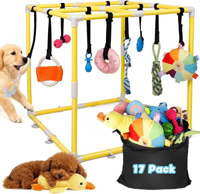 Puppy Play Gym with 17 Hanging Toys, Small Dogs Interactive Indoor Jungle Gym for Puppies, Dog Enrichment Activity Center, Adjustable PVC Frame with Straps, Teething & Squeaky Toys, Yellow