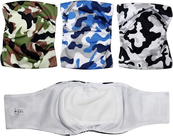 Reusable Belly Bands for Small Dogs,3 Pack Premium Washable Dog Diapers Male Puppy Nappies Wrap Camo,S