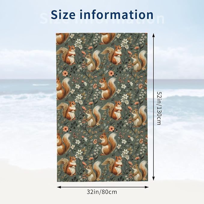 Squirrel Beach Towel,32x52in Microfiber Quick Dry Cute Woodland Animal Flowers Green Bath Towels,Soft Lightweight Oversized Sand Free,for Travel Pool Swimming Gym Decor,Gifts