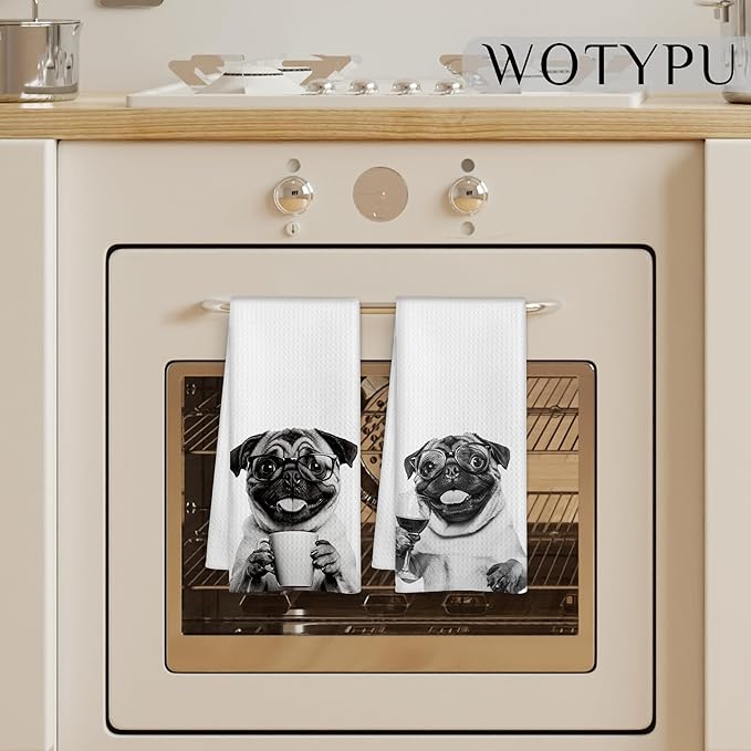 Funny Pug Kitchen Bar Towels, Gifts for Pug Lovers Dish Tea Towel, Wine Coffee Lover Gifts Decorative Hand Towels for Kitchen Bar Cart Decor, 16x24 Inch Set of 2