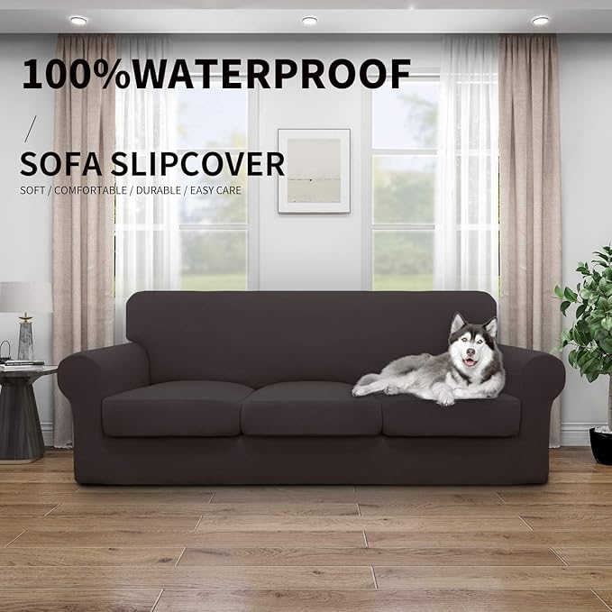 Easy-Going 100% Dual Waterproof 4 Pieces Stretch Soft Couch Cover for Dogs, Sofa Slipcover for 3 Separate Cushion Couch Leakproof Furniture Protector for Kids, Pets Chocolate