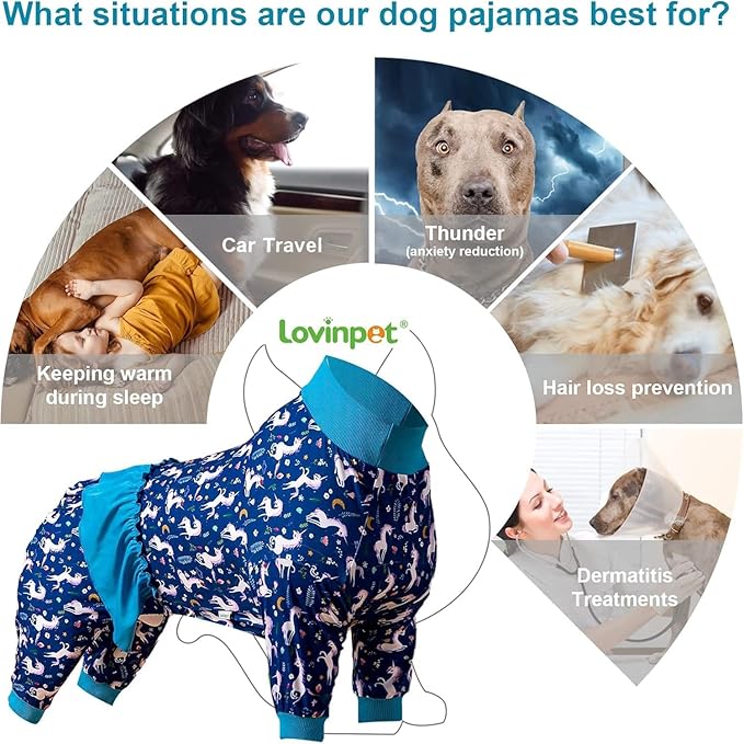 LovinPet Large Dog Pjs - Unicorn Dog Shirt, Post Surgery Recovery Onesie, Mermaids & Unicorns Blue/White Print, Lightweight Pullover Large Puppy Pajamas, Pet Pajamas for Dogs, Blue M