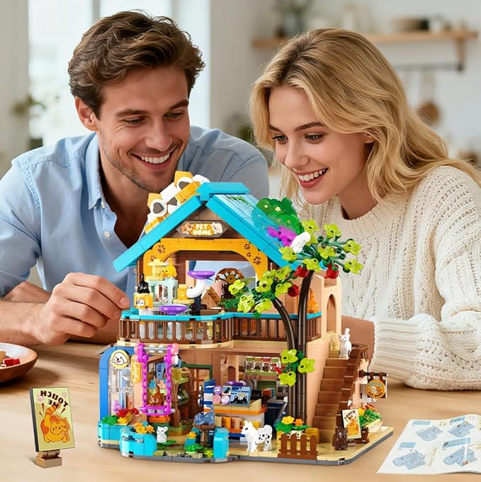 City Pet Shop Building Set with Lights, Cozy Pet Store Construction Toy with Cats Dogs, Cute Animal Store Miniature House Model Building Block Kit for Adults Kids Boys Girls Ages 8-12+