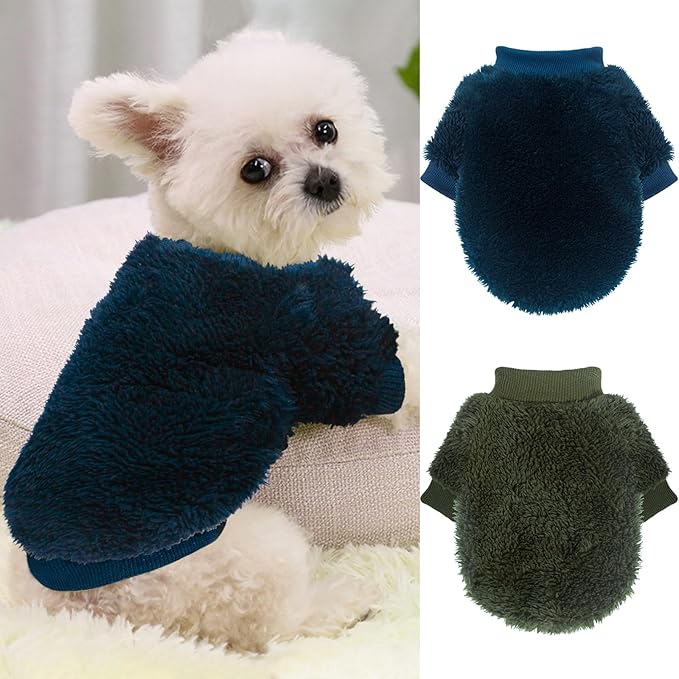 2 Pieces Dog Sweaters for Boy Fall Winter Warm Puppy Clothes Fleece Chihuahua Sweater Cute Clothes for Male Cat, Blue, Dark Green, Small