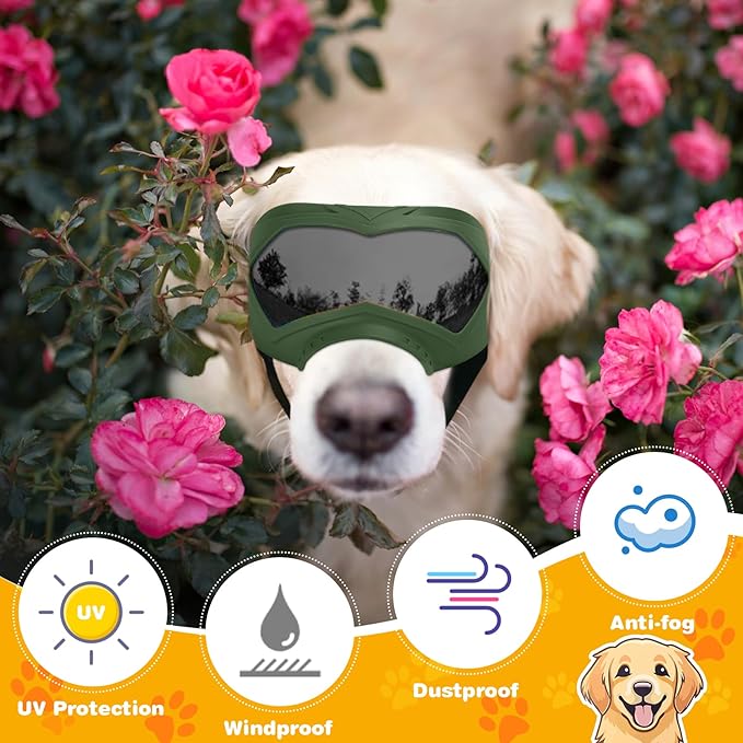 Dog Goggles, UV Protection, Windproof, Dustproof, Anti-Fog Dog Sunglasses for Large & Medium Dogs, Lightweight TPE Frame with Adjustable Strap, Stylish Outdoor Protection (Olive Green)