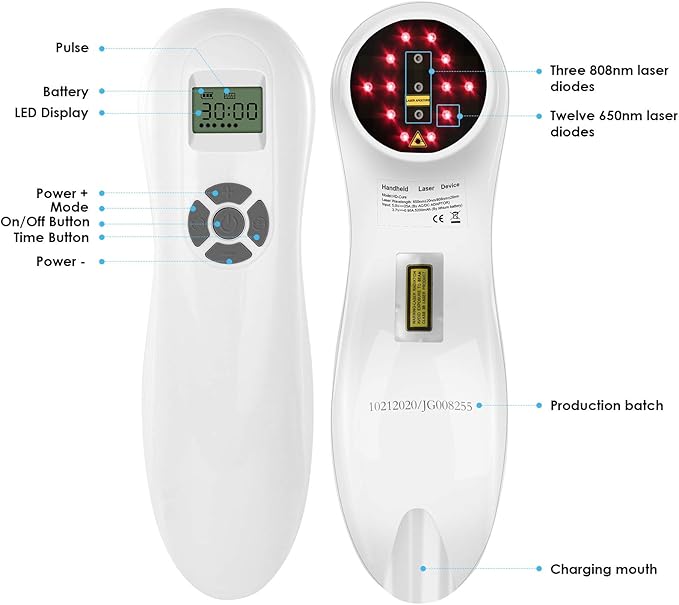 Portable Cold Laser Therapy Device, 808nm & 650nm, Multi-Speed Pulse Function, Pain Relief for Humans & Dogs