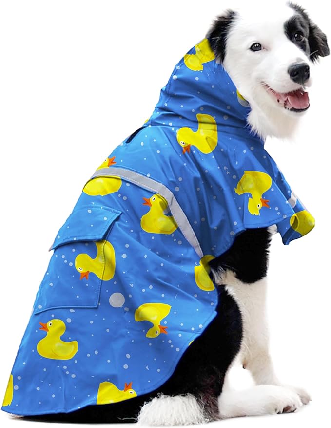 DELIFUR Large Dog Raincoat- Waterproof Dog Rain Poncho Adjustable Double Layer Rain Jacket with Hood for Medium Large Dogs Designed with Leash Hole Reflective Strip and Ducks (Blue Duck, X-Large)