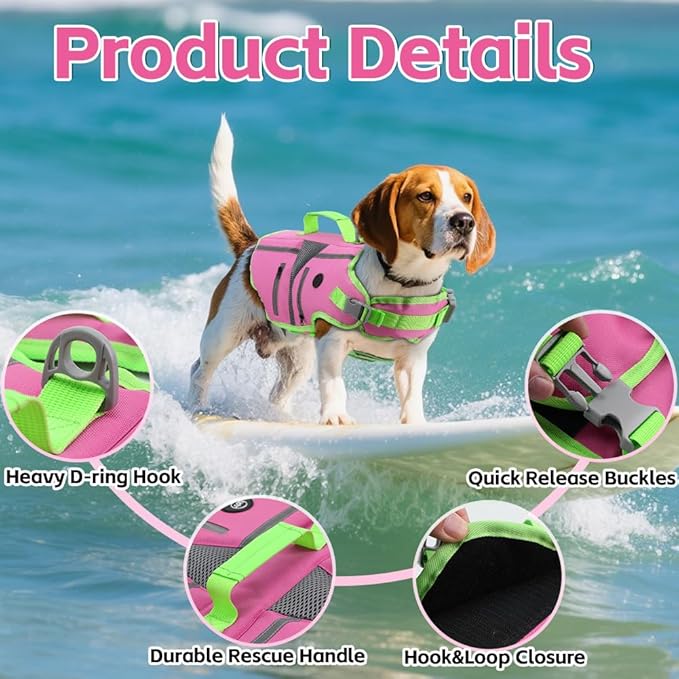 EMUST Dog Life Jacket,Dog Life Vest for Swimming,Small Dog Swim Vest,Lightweigth Adjustable Reflective Puppy Pet Float Life Preserver Vest,Pink,S
