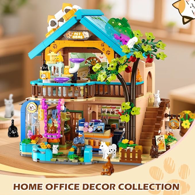 City Pet Shop Building Set with Lights, Cozy Pet Store Construction Toy with Cats Dogs, Cute Animal Store Miniature House Model Building Block Kit for Adults Kids Boys Girls Ages 8-12+