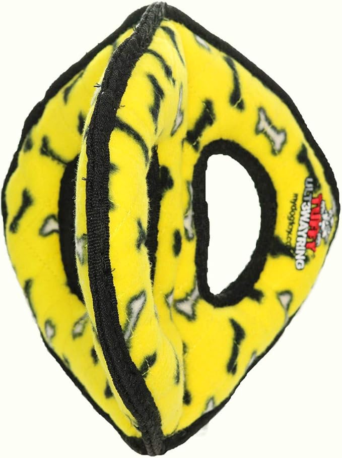 TUFFY- World's Tuffest Soft Dog Toy-Ultimate 3Way Ring -Squeakers -Multiple Layers. Made Durable, Strong & Tough. Interactive Play (Tug, Toss & Fetch). Machine Washable & Floats. (Yellow Bone 2 Pack)