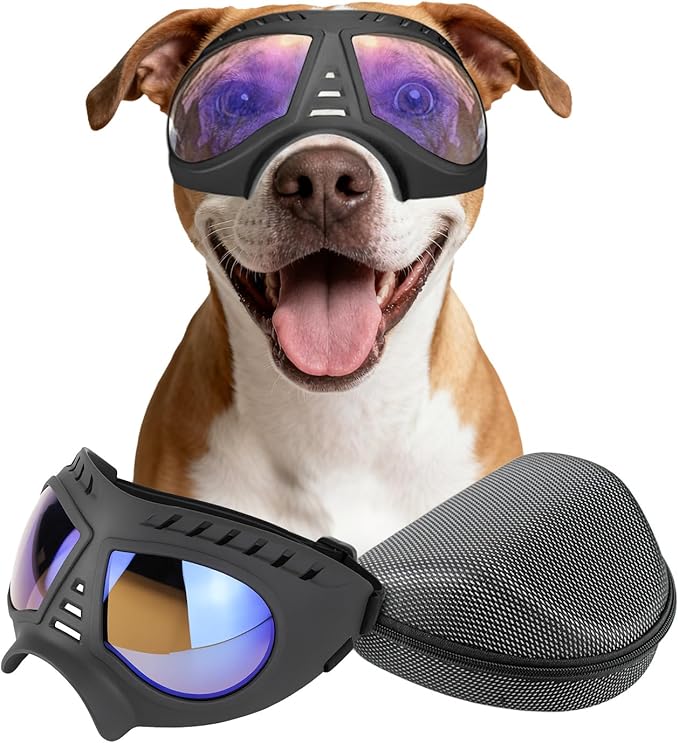 PETLESO Large Dog Goggles Pet Eyes Protection for Medium to Large Breed, Windproof Snowproof UVproof Dog Sunglasses for Outdoor Hiking/Cycling/Driving, Soft Frame Adjustable Straps, Clear Blue Lens