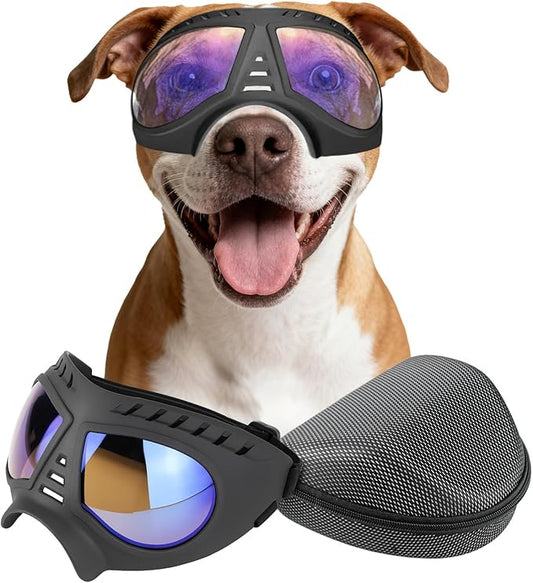 PETLESO Large Dog Goggles Pet Eyes Protection for Medium to Large Breed, Windproof Snowproof UVproof Dog Sunglasses for Outdoor Hiking/Cycling/Driving, Soft Frame Adjustable Straps, Clear Blue Lens