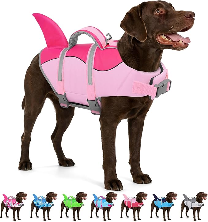 AOFITEE Dog Life Jacket Large, Shark Dog Life Vest for Swimming Boating, High Flotation Reflective Dogs Swimming Vest Lifesaver with Rescue Handle, Pet Swimsuit for Small Medium Large Dogs, L