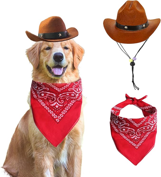 Dog Cowboy Hat & Bandana Scarf (Coffee, Adjustable, Large) - Cute Pet Apparel Costume for Dogs & Cats - Holiday Party Decoration & Surprise Gift