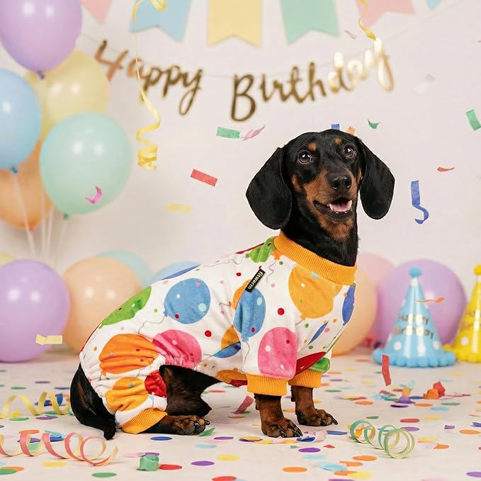 Fitwarm Balloon Dog Fleece Pajamas, Birthday Outfit for Small Dogs Boy Girl, Cozy Pet Onesie with Feet, White, Yellow, Red, Blue, Green, Medium