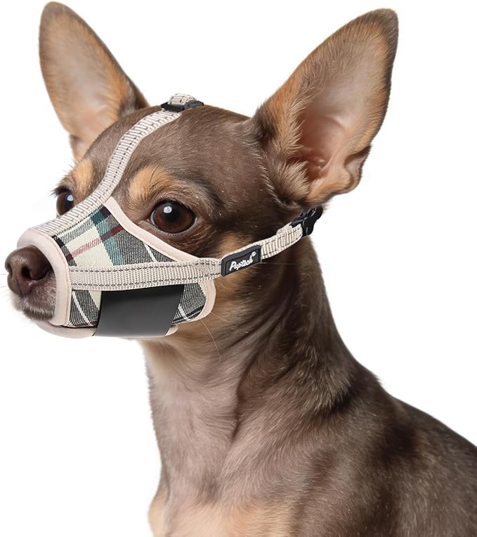 PUPTECK Dog Muzzle, Soft Adjustable Loop Reflective Pet Muzzle Prevent Biting Barking Chewing, Breathable Muzzle with Air Mesh Dog Mouth Guard Drinkable for Large Medium Small Sized, Beige Plaid S