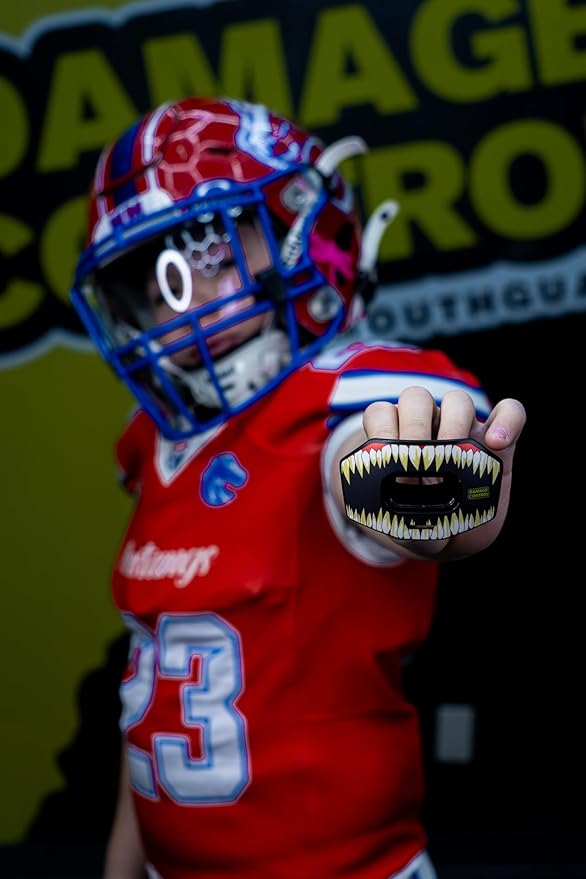 DAMAGE CONTROL Youth Football Mouth Guard – Breathable No Boil Mouthpiece, Protects Lips & Teeth, Works with Braces, Includes Helmet Strap – Sports Gear & Accessories (Symbite)