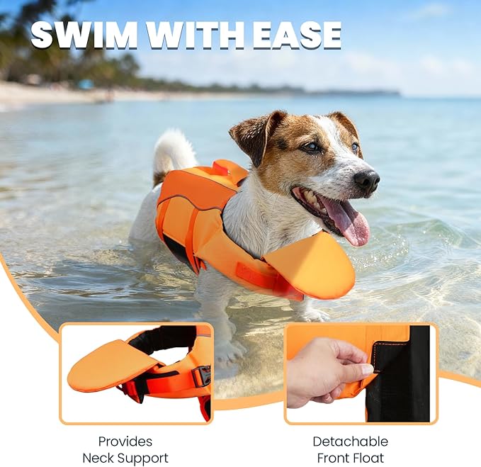 VIVAGLORY Front Float Dog Life Vest, Dog Life Jacket for Swimming & Boating, Swimming Vest with Chin Float & Handle, Ripstop & Buoyancy for Puppy Doggy, L, Dark Orange
