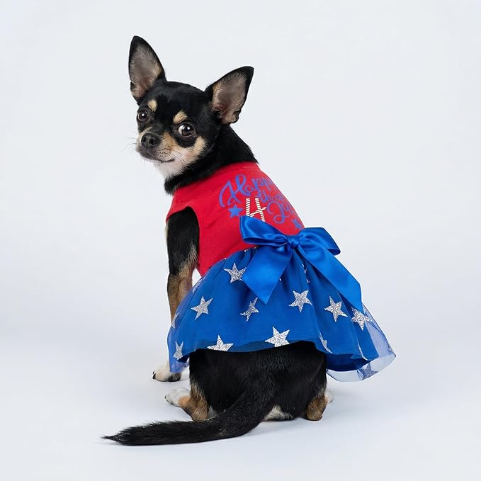 Fitwarm Happy 4th of July Dog Tulle Dress, Patriotic Dog Clothes for Small Dogs Girl, Red and White Star Pet Outfit, Red, Royal Blue, Small