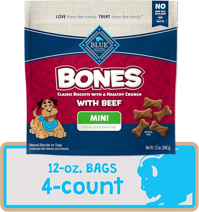 Blue Buffalo Bones Natural Crunchy Dog Treats Mini Dog Biscuits Beef, 12oz. Bag, 4 Count